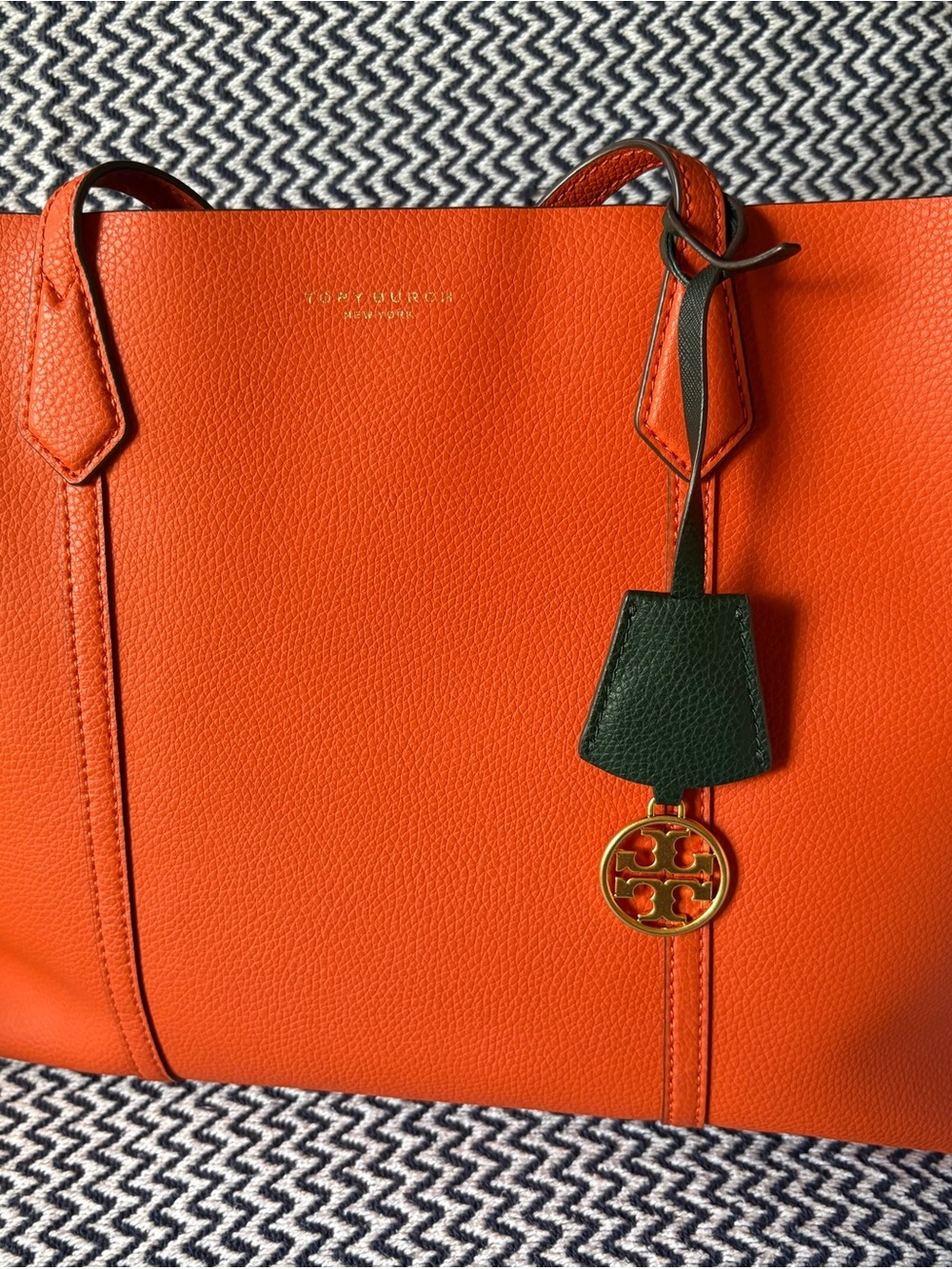 Tory Burch Orange Leather Tote with Green Tag and Gold Logo